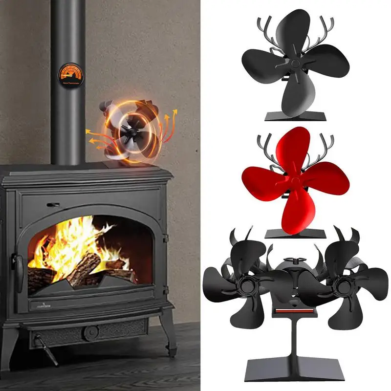 

Stove Fan Fireplace Doubile Head Fan With 8 Blades Elk Shape Powered Fan Heat Operated For Wood Stove Fireplace With Thermometer