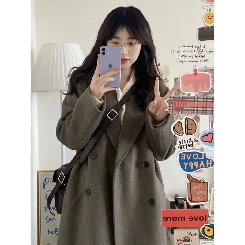 

Autumn New Black Tweed Jacket Handmade Fine Knitted Medium-length Cashmere Tweed Coat