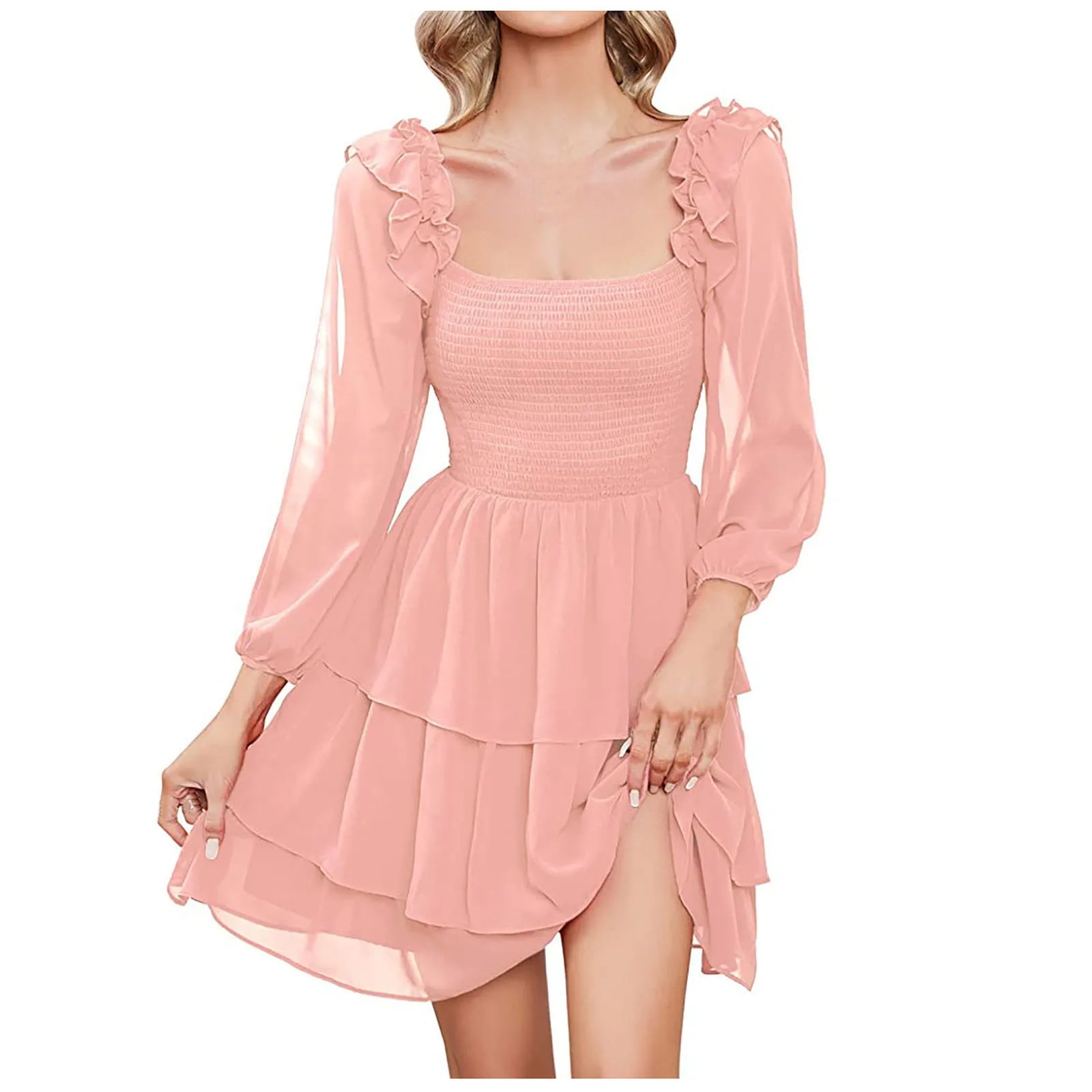 

Women's Fashion Solid Colour Square Neck Slim Fit Long Sleeve Cake Dress summer dress robe ete femme 2024 tendance جديد في فساتي