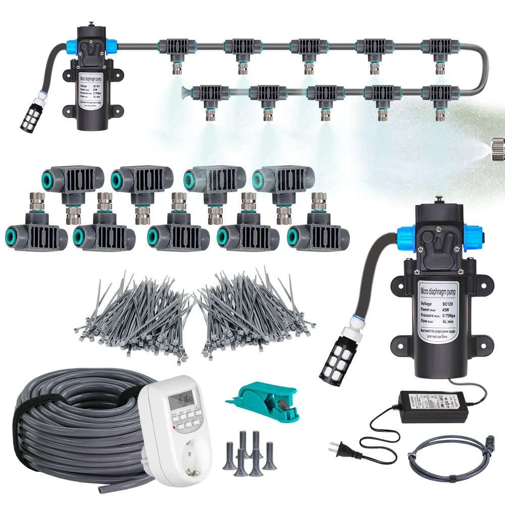 

45W 0.2MM Advanced Pump Misting Cooling System Tee Connecter Quick Push Nozzles Atomizing Micro-spray Kit Garden Patio Supplies