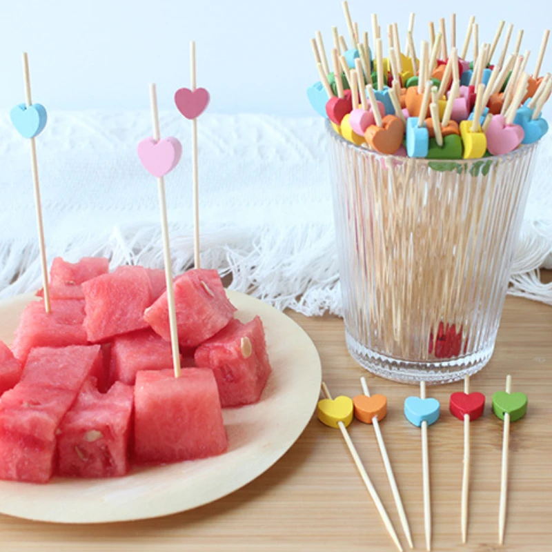 1 Set Red Heart Fruit Sticks Disposable Bamboo Sticks Valentines Day Party Supplies Wedding Bridal Shower Birthday Decor