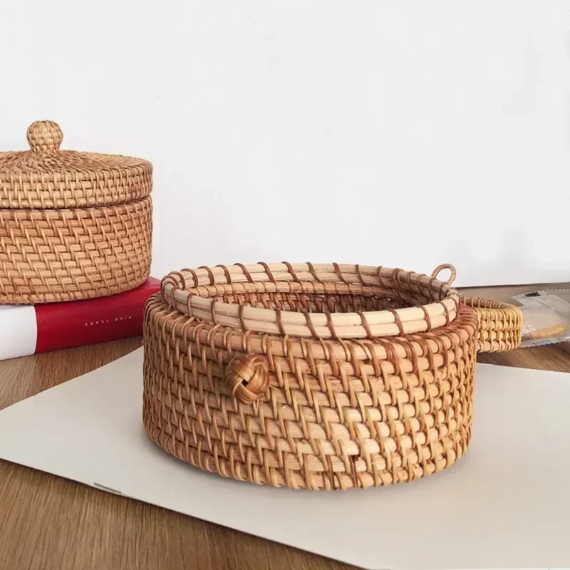 Handwoven Rattan Storage Box with Lid Wicker Tea Food Container Picnic Bread Fruit Cake Basket Kitchen Organizer B 5