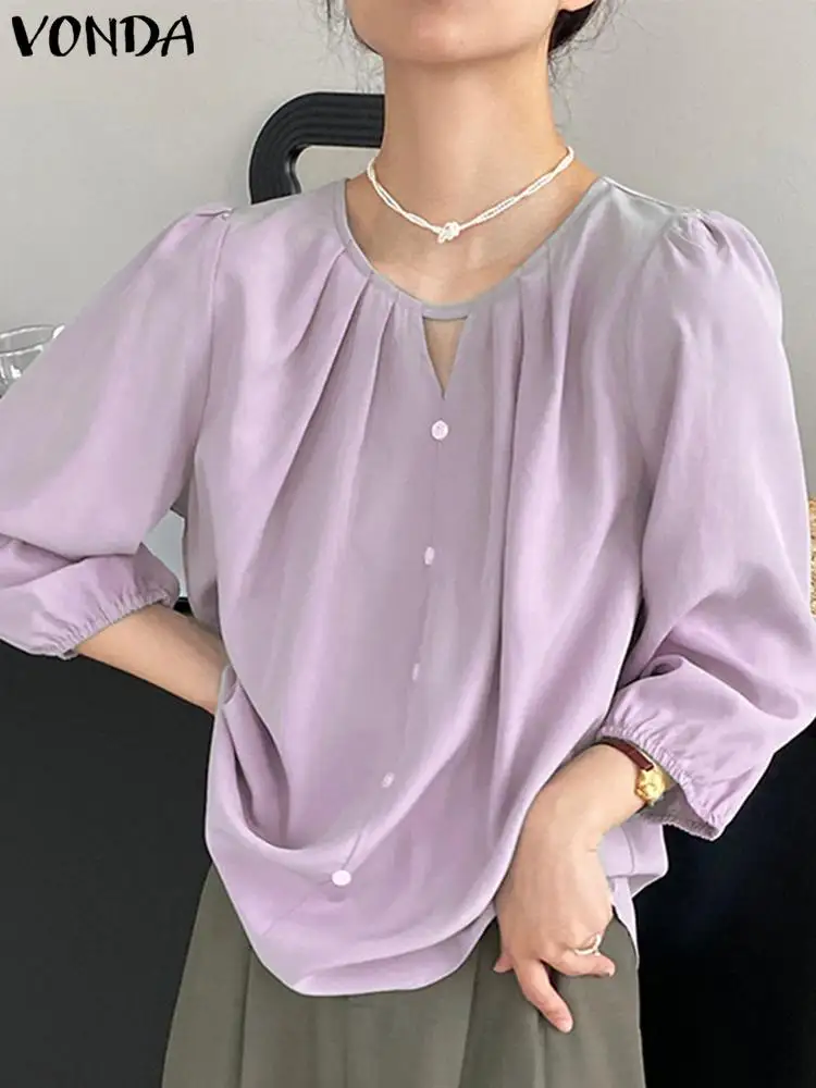 

Women Elegant Blouse 2023 VONDA Casual Solid Color Shirts Summer Tops Femininas Sexy V Neck 3/4 Lantern Sleeve Bohemian Blouse