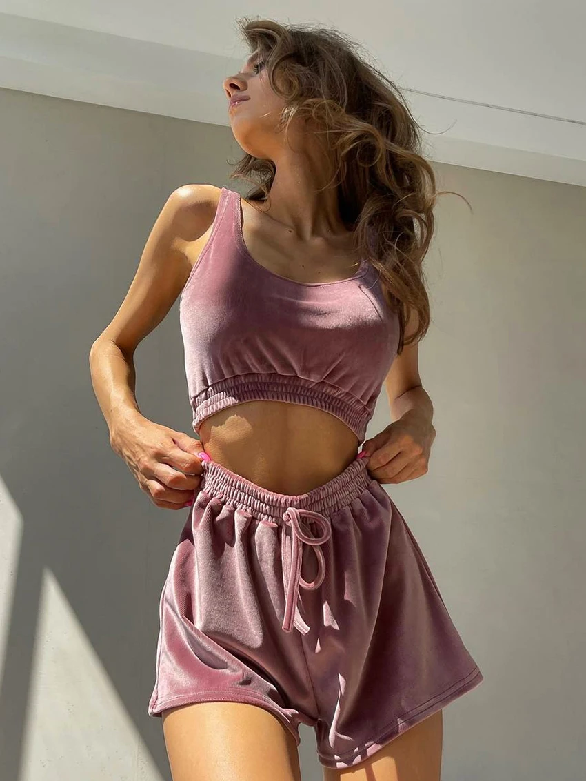 Marthaqiqi Fashion Ladies Pajamas 2 Piece Set Tank Tops Sleepwear Crop Top Nightgowns Backless Nightie Shorts Home Clothes Women