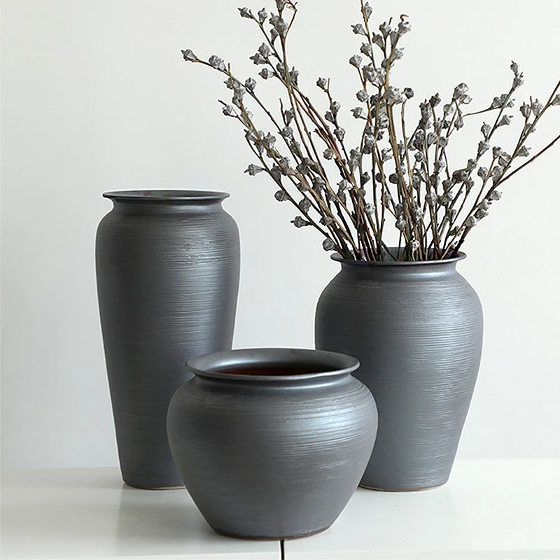 Modern Quiet Wind Rough Pottery Jar Ceramic Flower Combination Set with Flower Vases for Hotel and Homestay Decoration