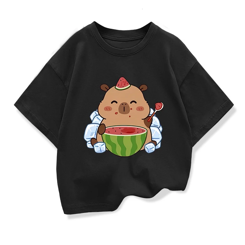 Summer New Capybara Watermelon Printed Cartoon Fashion Short Sleeve T-shirt Kids Clothing Tees Girls Loose Casual Tops T Shirts