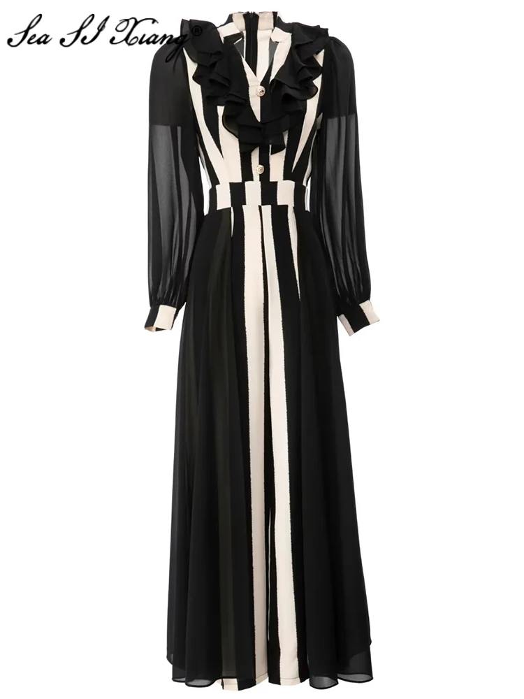 

Seasixiang Fashion Designer Spring Summer Women Jumpsuits Ruffle V-Neck Lantern Sleeve Striped Print High Street Wide Leg Pants