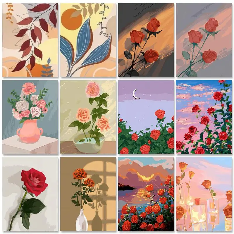 

RUOPOTY Diy Painting By Numbers With Frame Romantic Rose Flowers Acrylic Picture By Numbers 40x50cm For Home Decors Diy Gift
