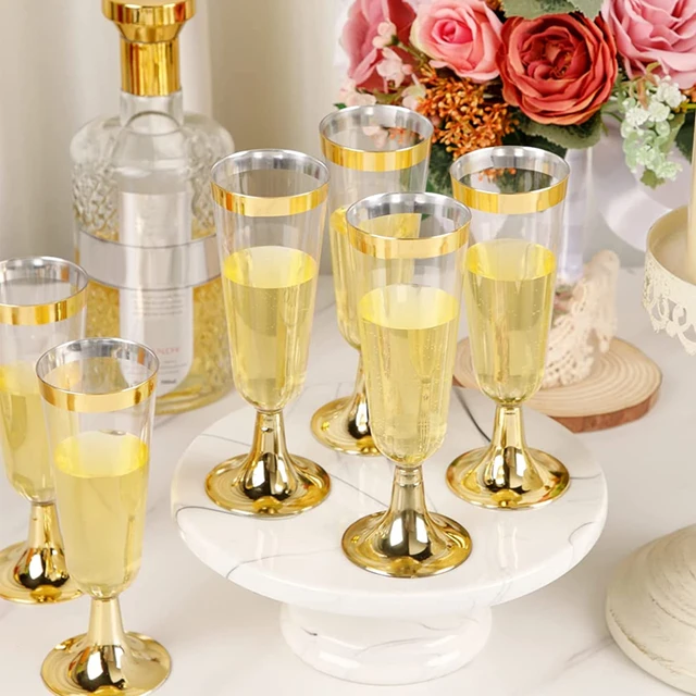 Gold Plastic Cups Clear Plastic Wine Glasses, Fancy Disposable Hard Plastic Cups with Gold Glitter for Party Cups 25pcs