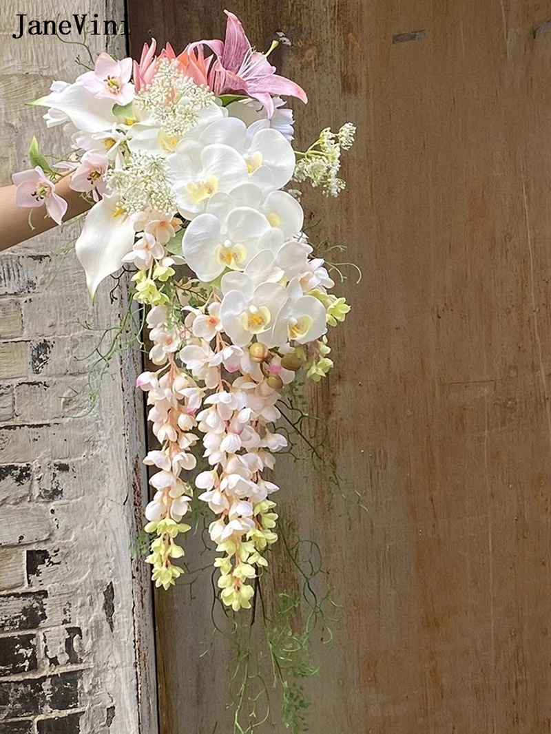JaneVini Charming Pink White Waterfall Bridal Bouquets Handmade Silk Flowers Korean Cascading Bride Bouquet Wedding Accessories