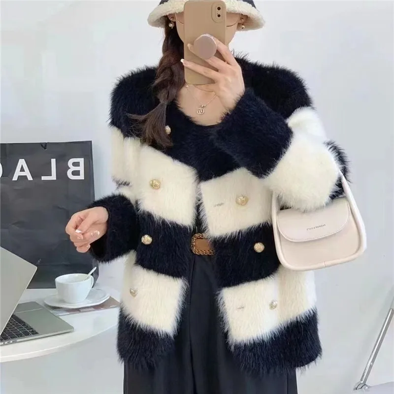 

2023 Autumn Winter Knitwear Fashion and Temperament Thickened Versatile Stripe Imitation Fur Knitted Top Coat for Women
