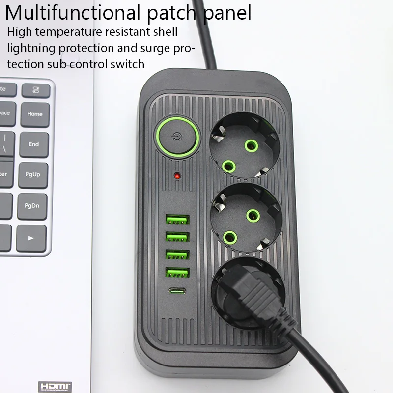 Power strip extension cable 2M 3AC outlets 4USB 1Type C EU plug