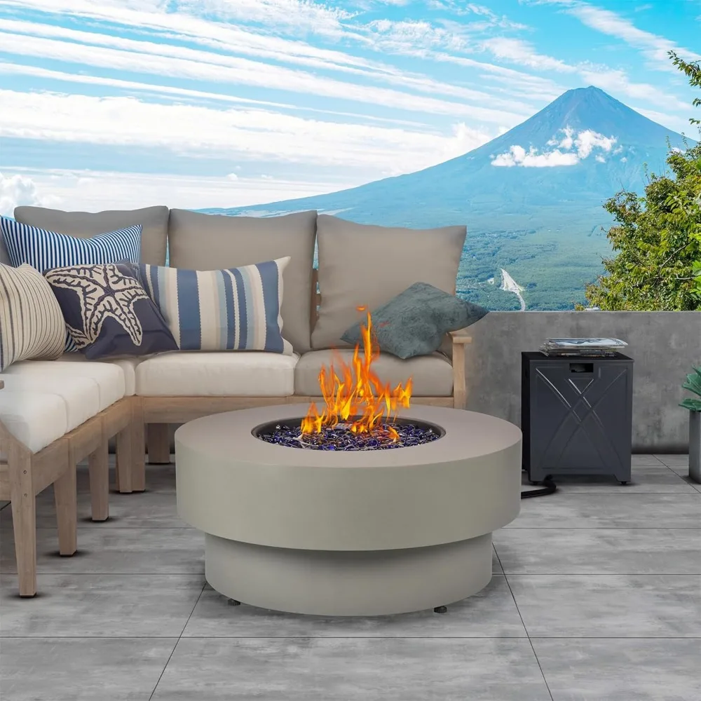 32.5-inch Outdoor Gas Fire Pit , 20lb Propane Tank Cover Table, W/Round Burner Lid, Glass Rocks,50,000BTU Propane Gas Fire Pits