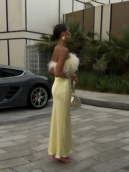 Yellow Satin Fringe Maxi Dress Women Elegant Strapless Sleeveless Waist Cinched Long Dresses 2025 New Summer Holiday Lady Robes 1