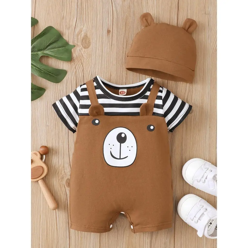 Newborn Baby Striped Shoulder Strap Teddy Bear Jumpsuit+Hat For Summer Boys And Girls Aged 0-2 Years infant romper