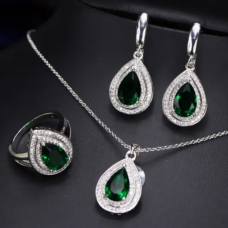925 Silver Jewelry Set for Women Wedding Party Water Drop Shape Sapphire Gemstone Gift Rings Earrings Necklace