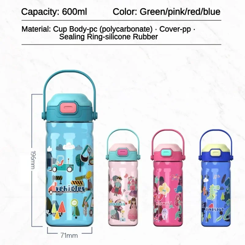 600Ml Kids Sippy Cup Plastic Cartoon Water Bottles Straw and Lids Portable Toddlers Beverage Cup Children's Day Gift plastic water bottle