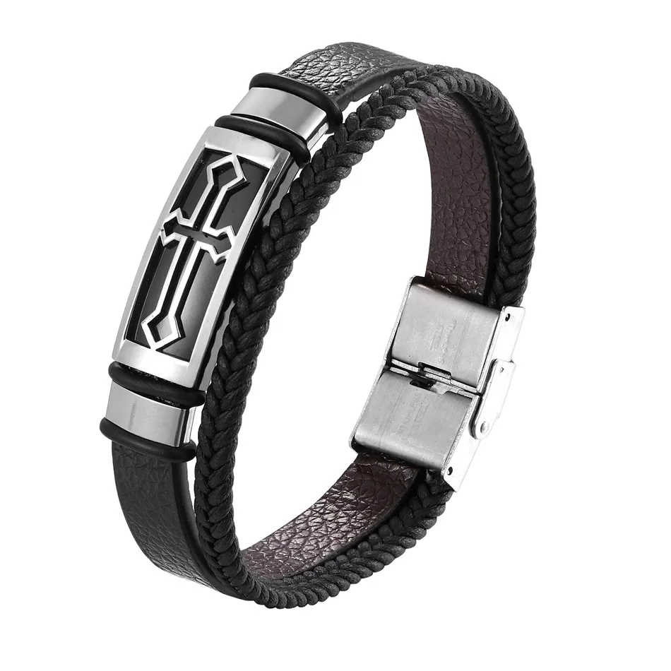 Leather Bracelet Stainless Steel Bracelet Metal Bracelet Christian Cross Bracelets Men Women Hand Jewelry Handmade 2 Lays Leather Cuff Bangle Stainless Steel Accessory 17-23cm Wristlet