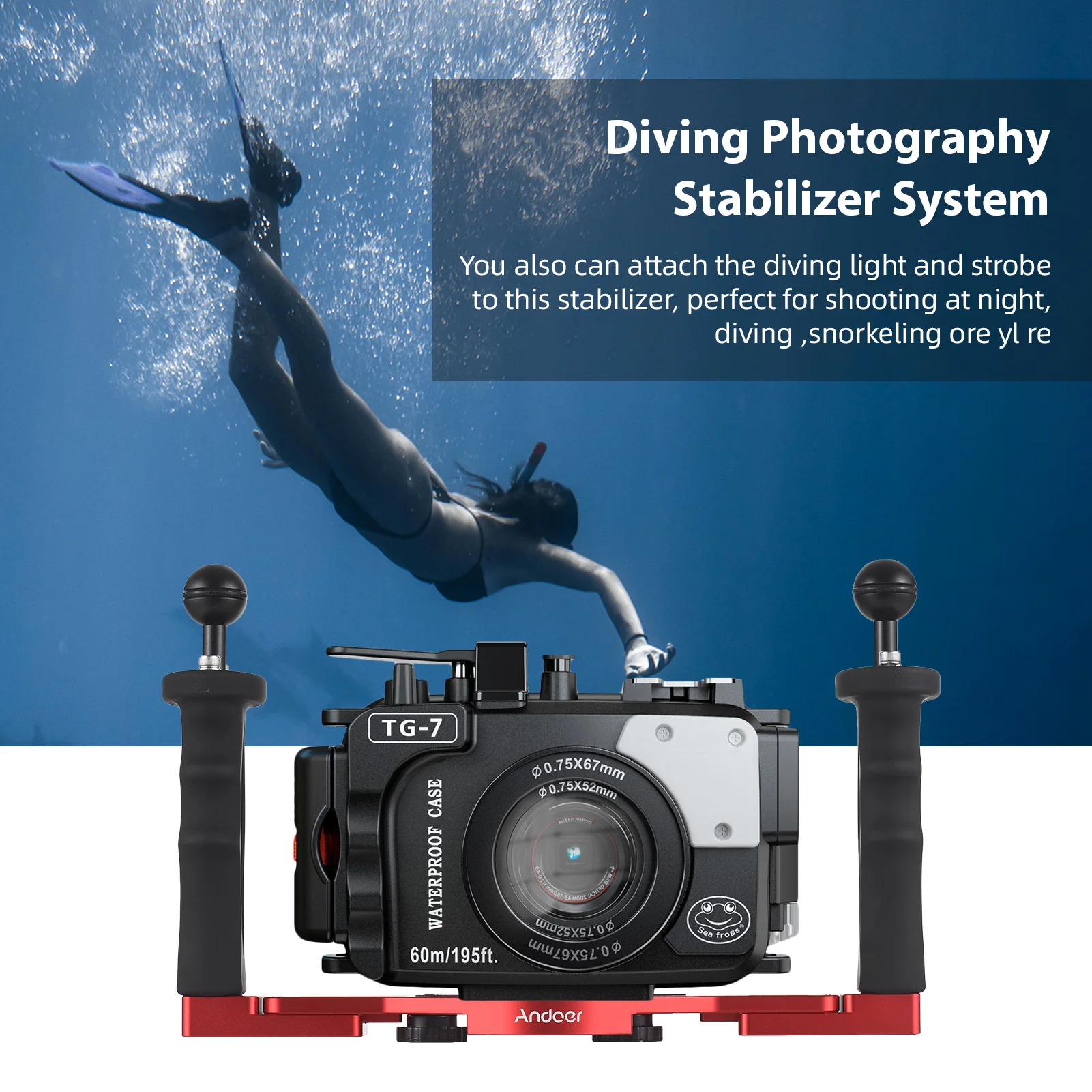 Dual Handle Underwater Camera Tray/Grip - Aluminum Stabilizer For Diving Housings With 1" Ball Mounts, 100m Waterproof