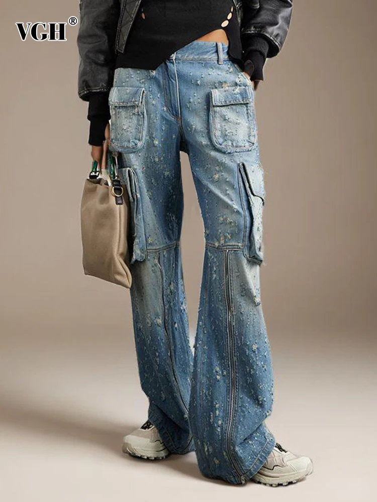 

VGH Solid Patchwork Pockets Casual Denim Trousers For Women High Waist Spliced Zipper Streetwear Wide Leg Jeans Female Fashion