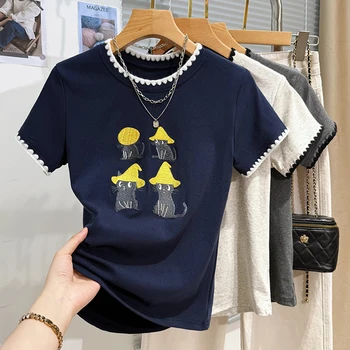 2025 الصيف لطيف القط المطرزة تي شيرتات قصيرة الاكمام المرأة عادية فضفاض س الرقبة تي شيرتات قطن جديد شيك الكرتون الطباعة القمم 2
