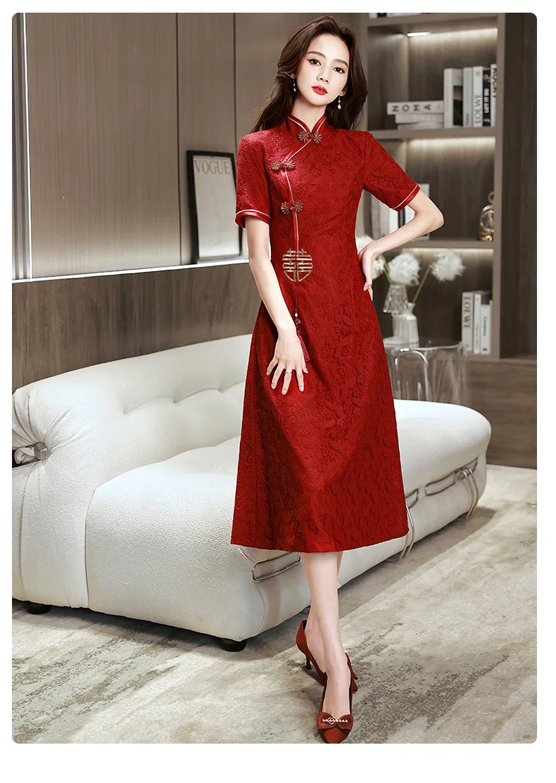 Cheongsam Abiti Abiti In Stile Orientale Rosso A Maniche Lunghe - Main Image