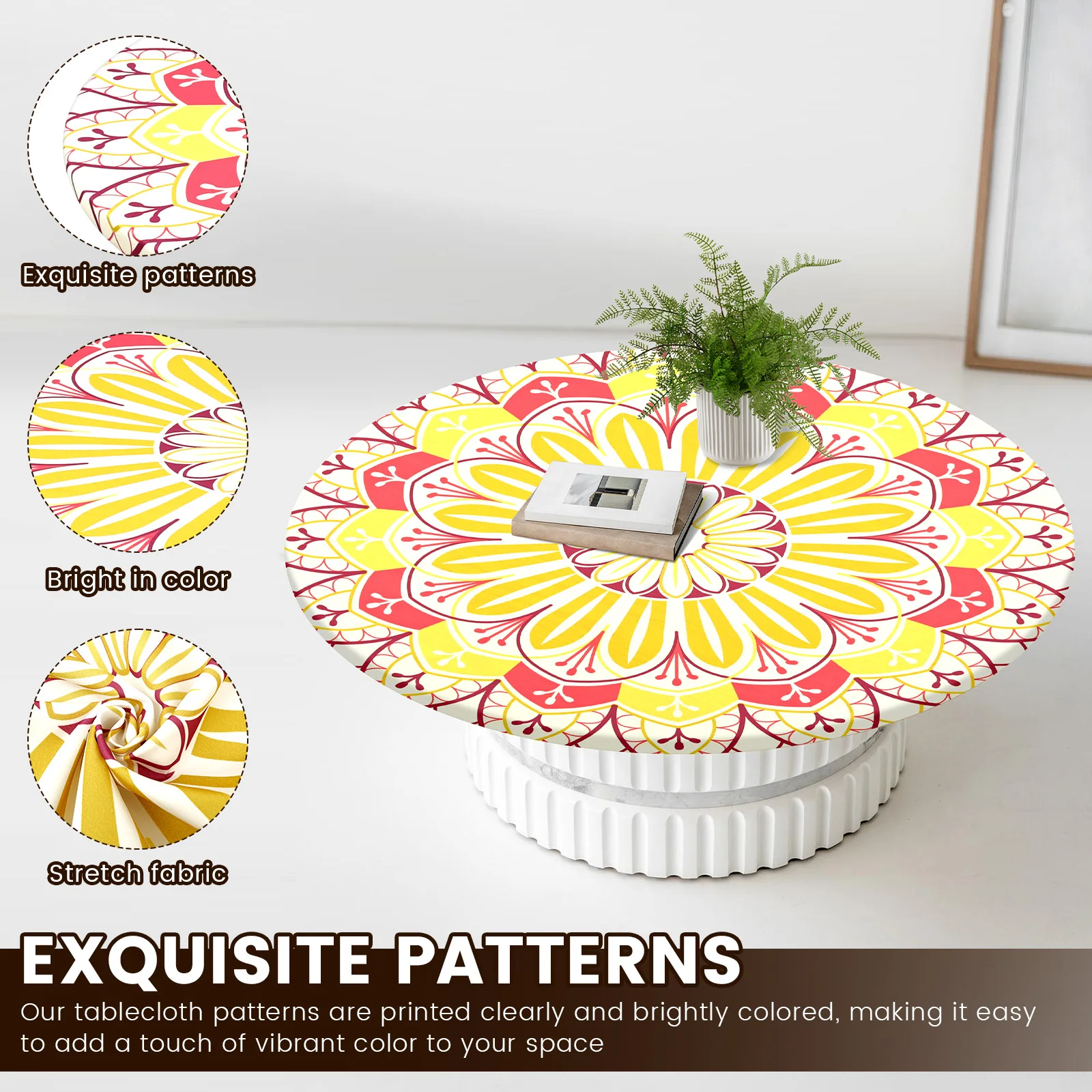 Round Tablecloth Polyester Waterproof Table Cloth with Elastic Band Decorative Printing Tablecloth for Dining Table Protection