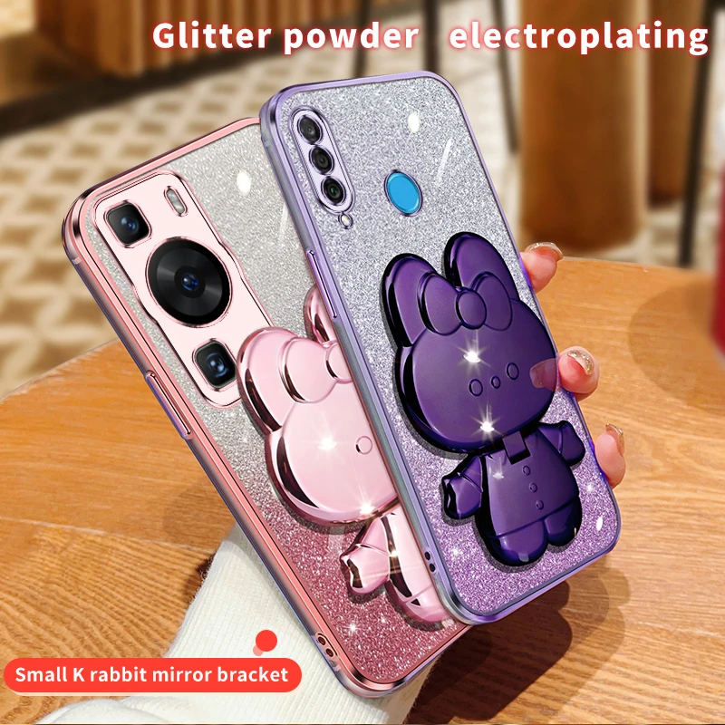 Coque de protection souple avec miroir de maquillage et motif lapin pailleté pour Huawei P30, P40, P50, P60 Lite, Y7, Y6, P30lite, Mate 30, 40, 50_voghion.com