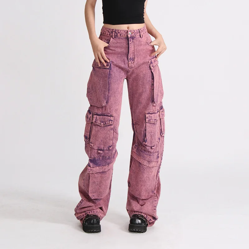 High Waist Pants for Women Autumn 2023 Fashion Purple Pocket Wide Leg Pants Denim Overalls Floor Mop Trousers Female Streetwear