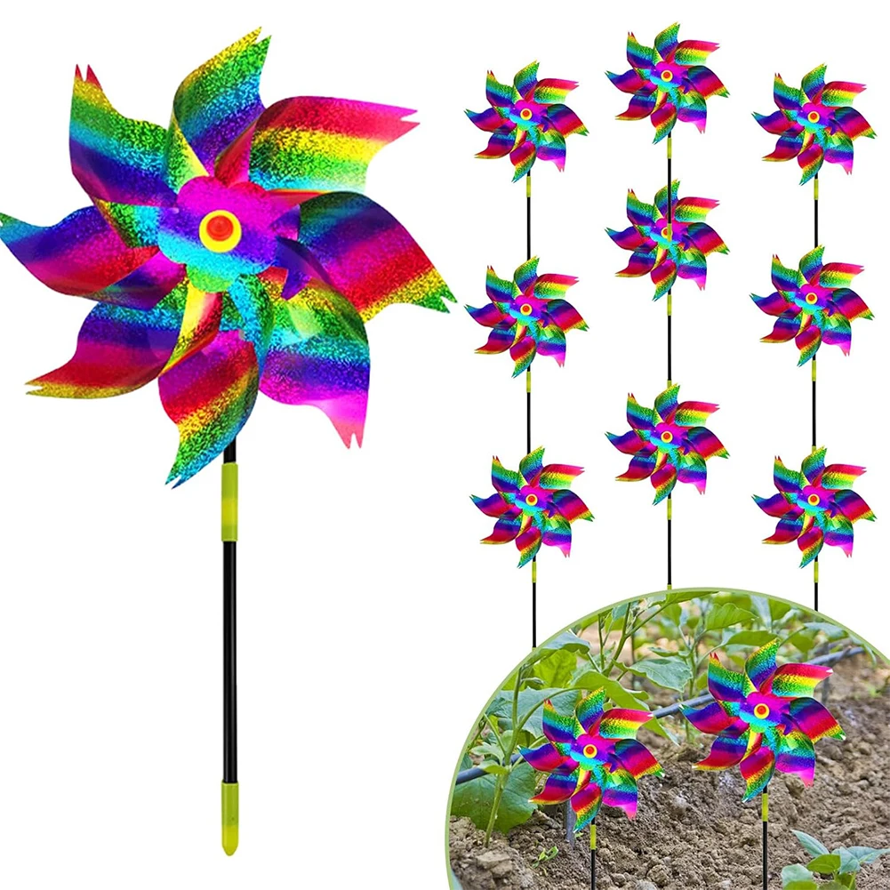 10Pcs Reflective Pinwheels Design Bird Repellener with Stakes Sparkly Windmill Bird Deterrent Devices Home Garden Decorative
