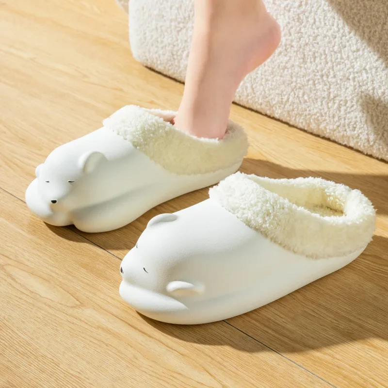 귀여운 강아지 곰 방수 면 신발, 겨울 홈 레저, 따뜻한 부드러운 바닥 플랫 바닥 면 슬리퍼