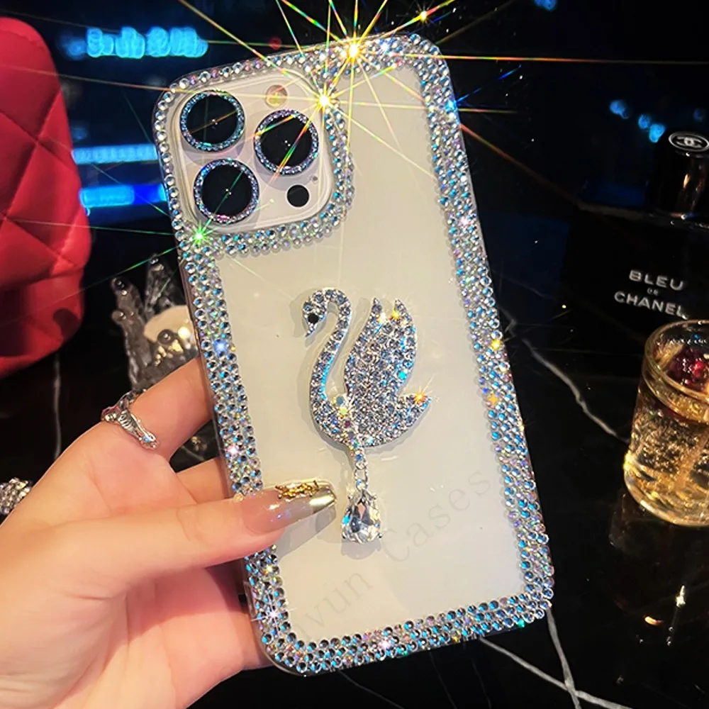 3D Bling Diamond Swan Glitter Crystal Swan Strap Custodia Per Telefono Per Samsung S23 S22 S21 S20 Plus + Ultra Fe S9 S8 S10 Note 10 20 Pro