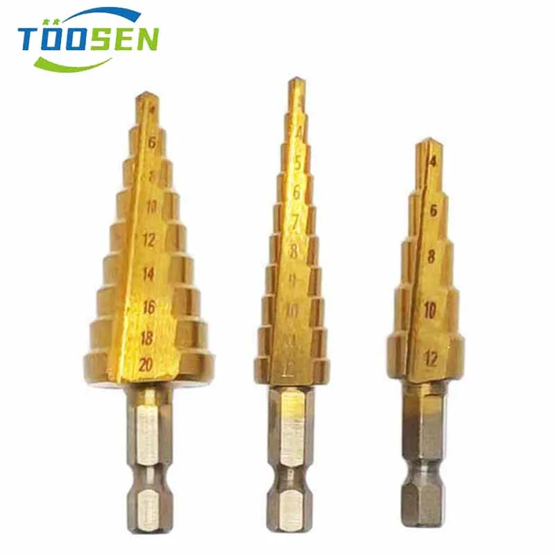 HSS Titanium Coated Step Drill Bit Set 3-12mm 4-12mm 4-20mm 4-32mm Straight Groove Step Drilling Power Tool Wood Hole Cutter