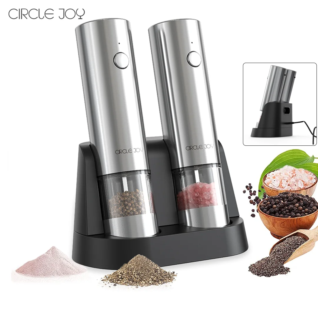 Circle Joy Electric Salt and Pepper Grinder Set Stainless Steel Spice Grinder Automatic Pepper Mills with Easy-to-Carry Dual Charging Station, Brush