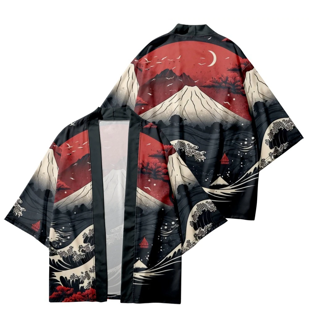 Japanese Ukiyo-e Waves Print Cardigan Kimono Beach Women Men Cosplay Haori Yukata Traditional Asian Shirts Clothing