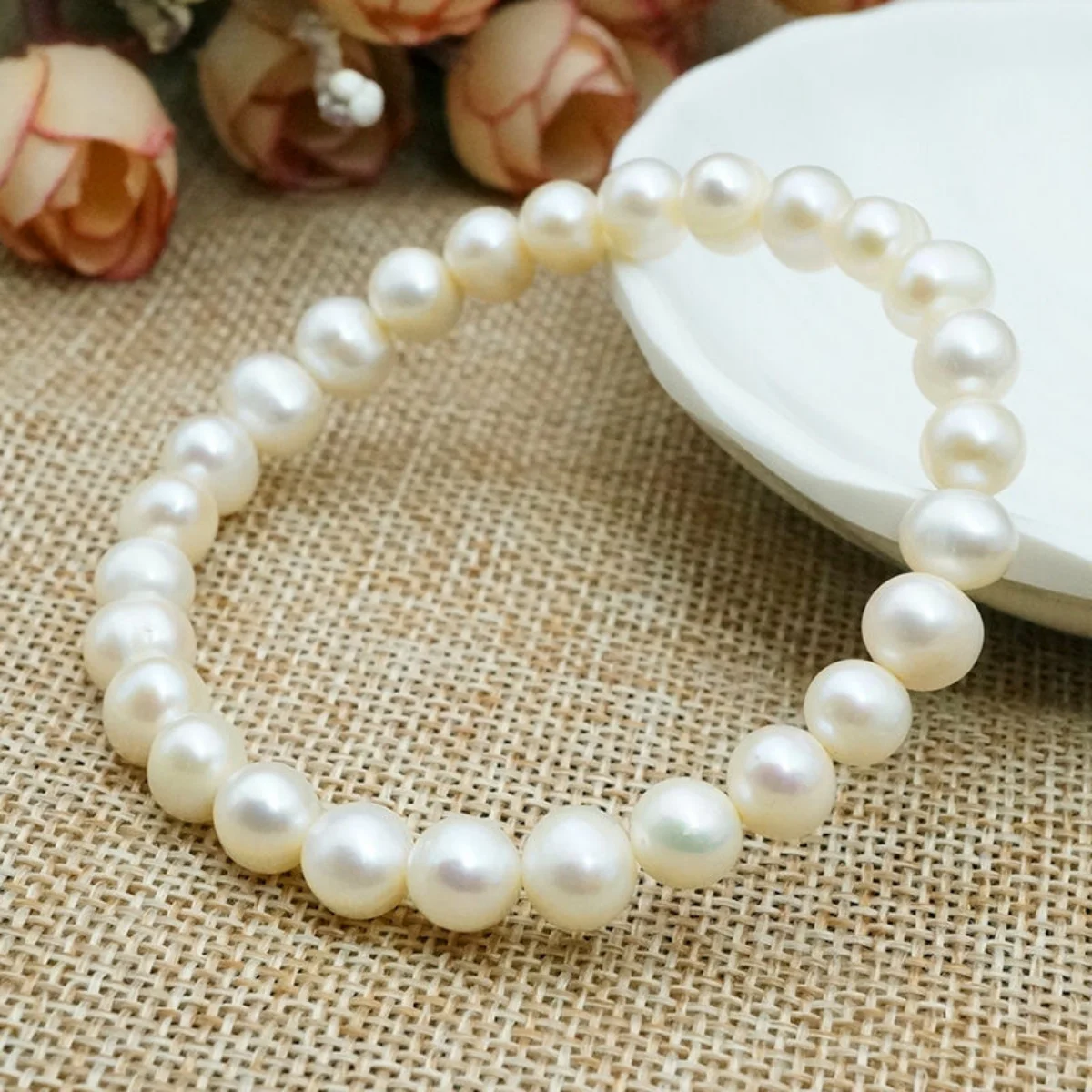 

7-8mm Near Round White Genuine Freshwater Pearl Bracelet Pearl Elastic Fashion Jewelry Making Design Women Girl Gifts for Mother