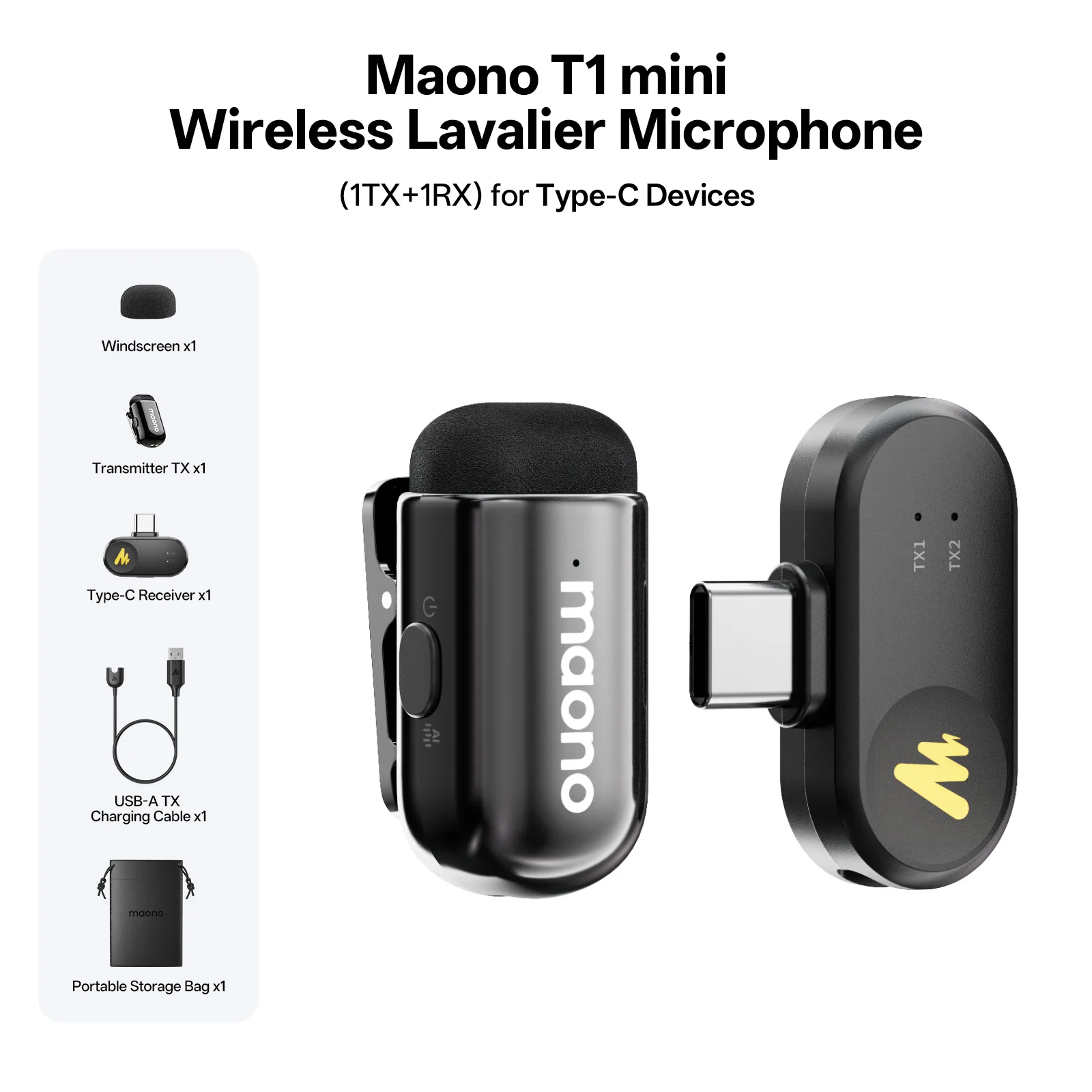Micrófono Lavalier Inalámbrico MAONO Wave T1 Mini, Micrófono de Solapa para iPhone, Android, PC, con Cancelación de Ruido AI para Grabación de Video