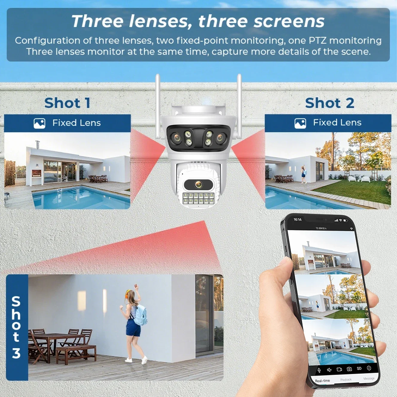 12MP 6K Wifi Camera Three Screens ICsee Surveillance Camera Outdoor Night Vison Ultra Wide View Angle Panoramic Security Camera 3