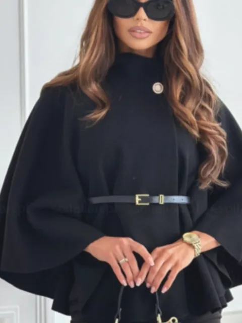 OMZIN Damen Cape Erbsenmantel Mit Gürtel - Trendy Batwing Ärmel Poncho