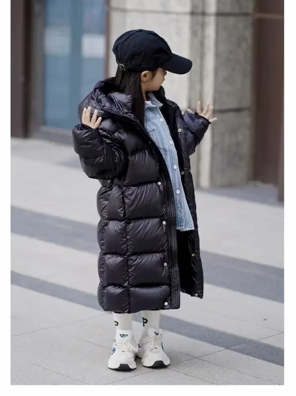 Winter jacket for Boys Girls Long Length Down Jacket Black Thickened Hooded Coat Big Childrens Kids Jacket 6-14