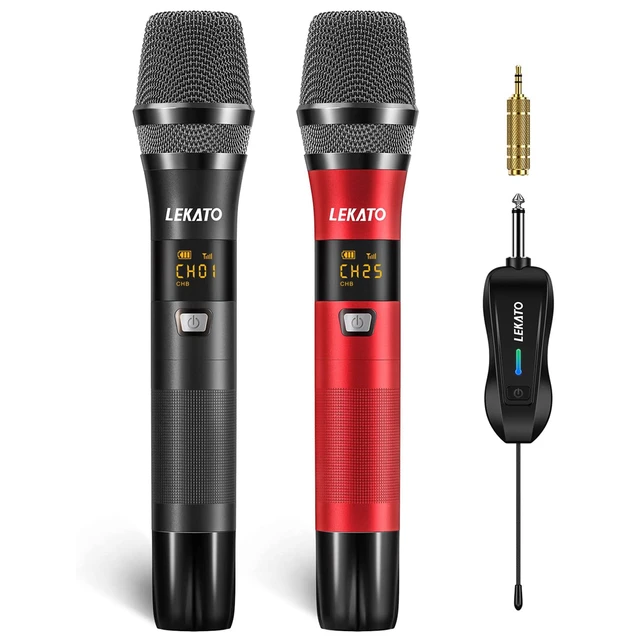 LEKATO – Microphone métallique sans fil, Rechargeable, double, avec 25  canaux, pour mariage, karaoké