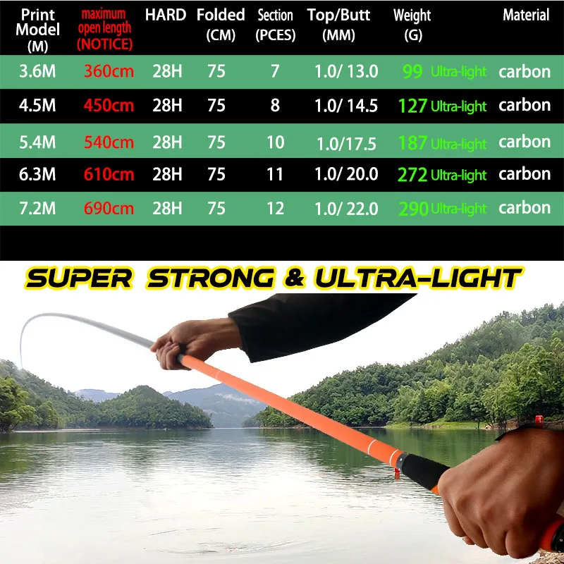 JOSBY Carp Feeder Fishing Rod Carbon Fiber Telescopic Hand Pole 3.6M 4.5M  5.4M 6.3M 7.2M Stream Rods Tackle Pesca