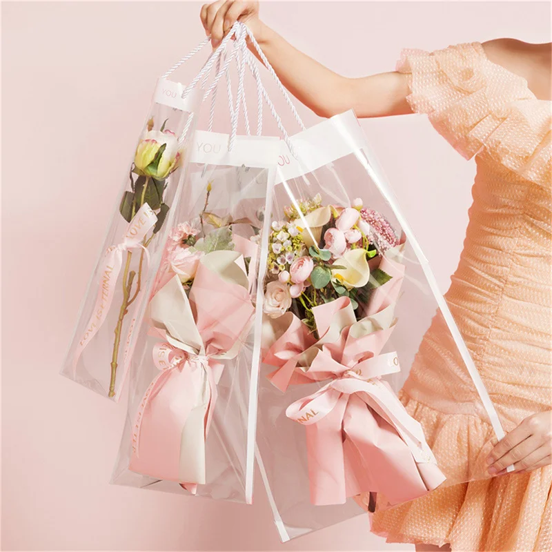 For Bouquet Gift Bag Packaging Bags Flowers Wrapping Transparent With Handle Florist Plastic Bag Party Supplies 10/20pcs