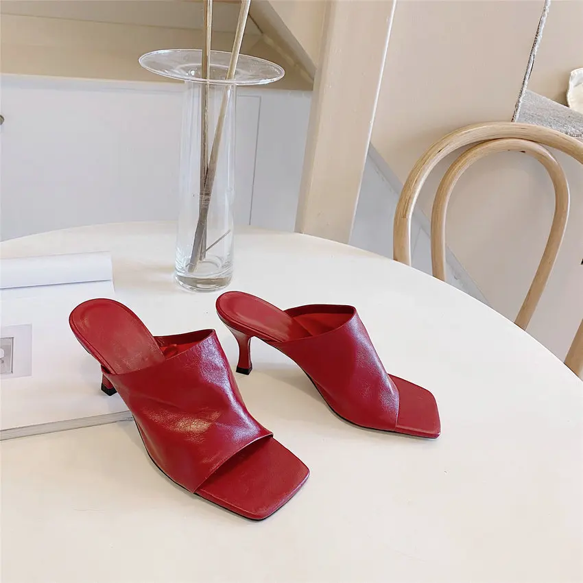QUTAA 2022 New Summer Thin High Heel Women Shoes Square Toe Slippers Ladies Pumps Genuine Leather Platform Sandals Size 34-39