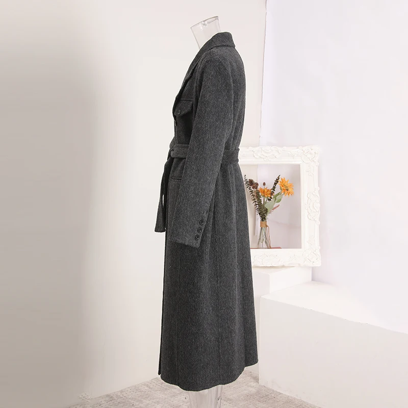 LANMREM Dark Grey Women's Suit Collar Double-faced Woolen Coat autumn Winter Loose Casual Straight Overcoat With Belt CPG4195 - Image 2