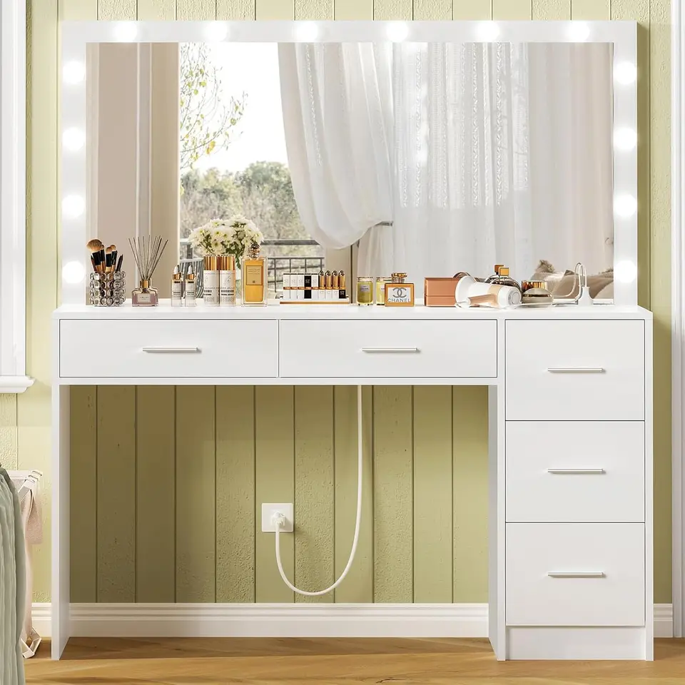 47.24 Inch Modern Vanity Desk With 29.53 Inch LED Lighted Mirror - 5 Drawers, Storage Shelves & Charging Station, Brown Walnut