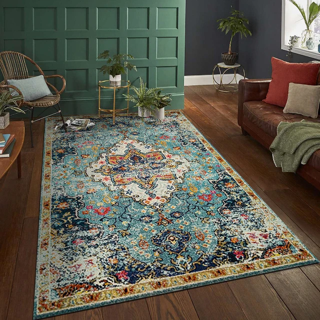 Uphome Boho Abstract Bathroom Runner Rug Blue Plant Non-Slip Long