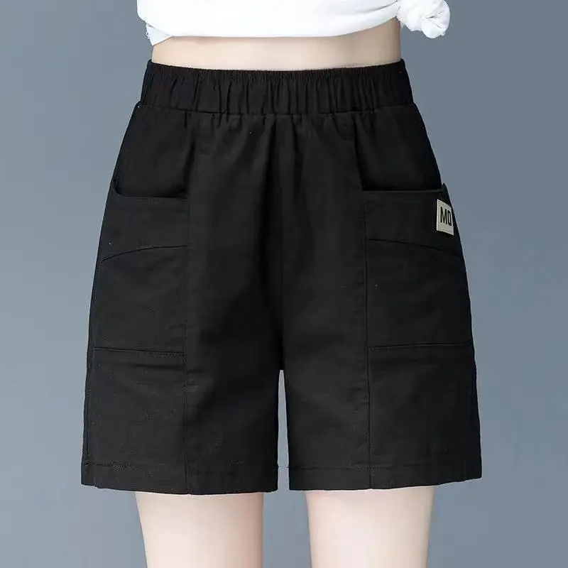 Minimali Commute Summer Thin Cotton Elastic Pants Women's Solid Spliced Pockets Epaulet Loose Straight Casual High Waist Shorts