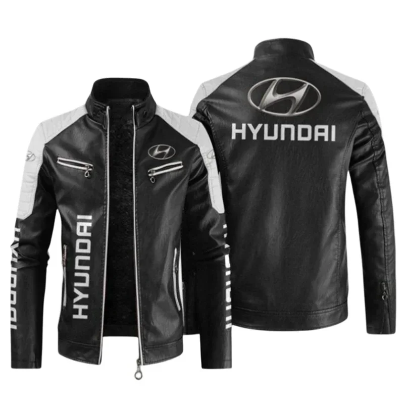 HYUNDAI Logo  Fleece Fur Leather Jacket Men Winter Fashion Zipper Straight Hem Formal Casual Coats Bomber Leather Jacket 2