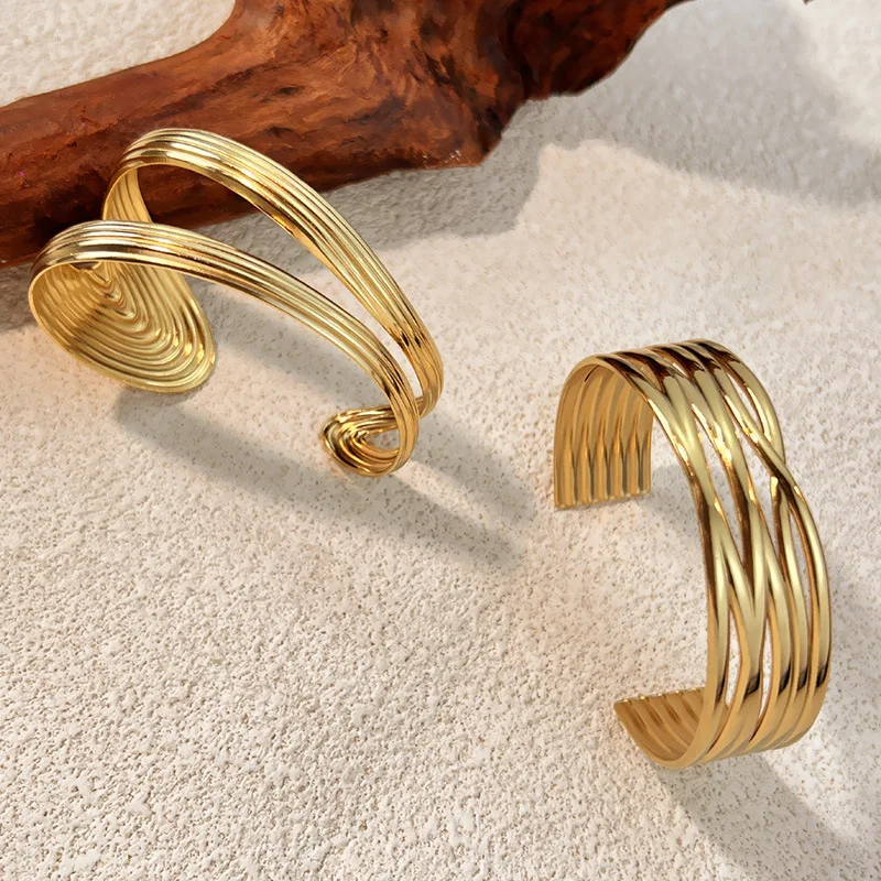 New Stainless Steel Hollow Geometric Cuff Open Minimalist Bracelet Bangle Multi Layer Striped Statement Waterproof Wrist Jewelry